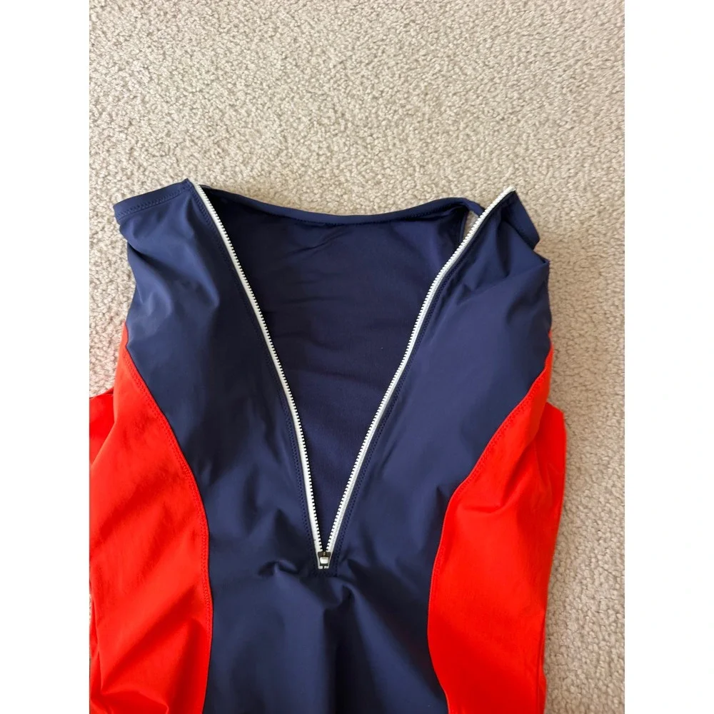 Athleta Swimsuit One Piece Colorblock Zip Front Navy Blue Red Medium